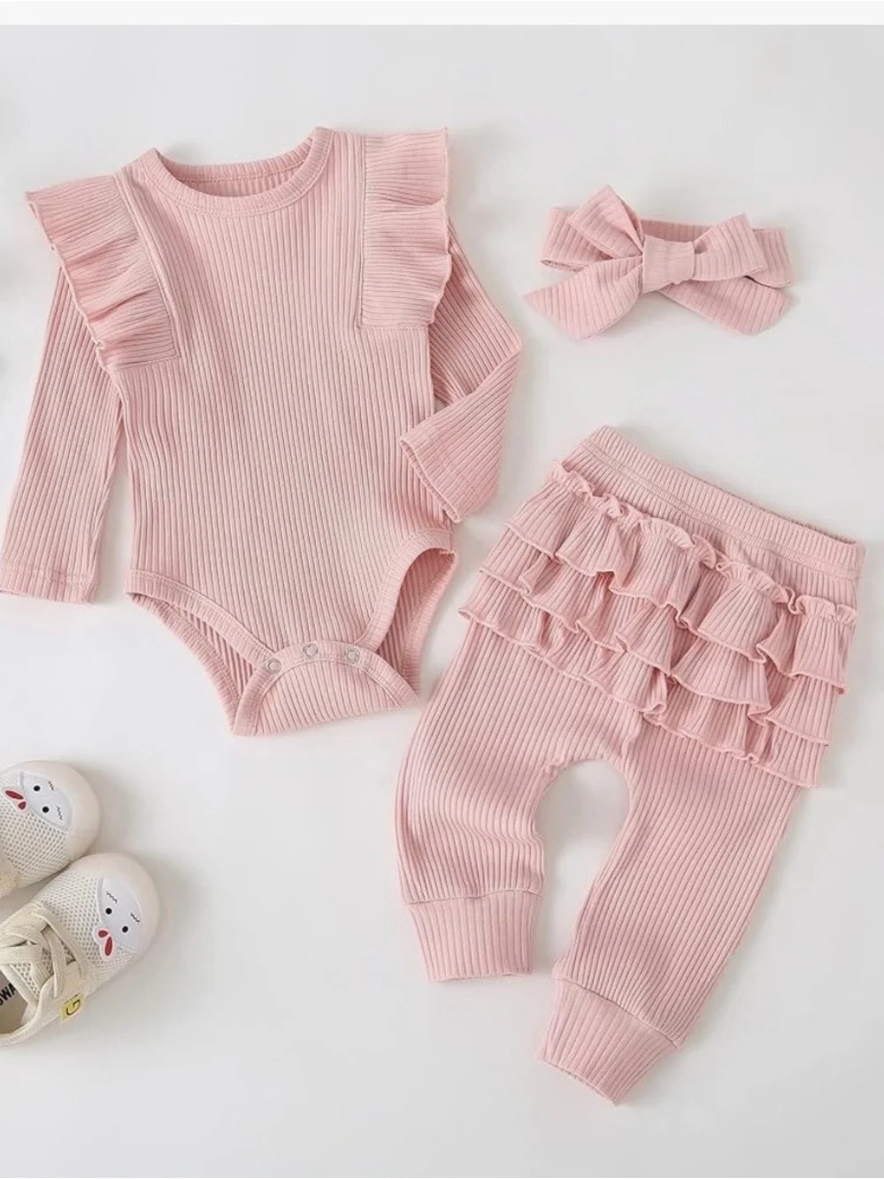 NIP Ribbed Pink Ruffle Baby Set with Headband